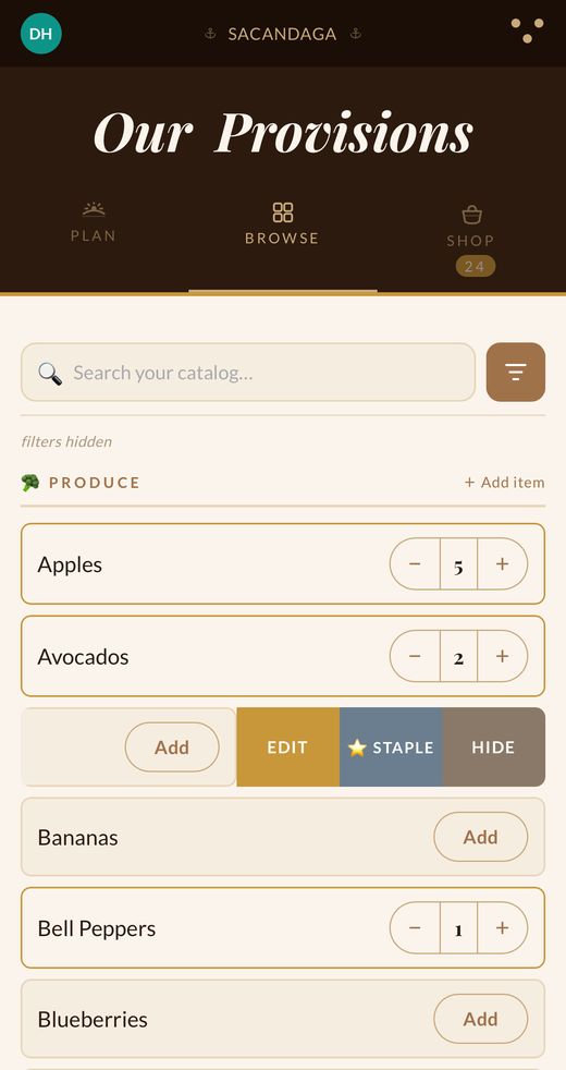 Browsing the catalog with an item's actions revealed: Edit, Staple, Hide