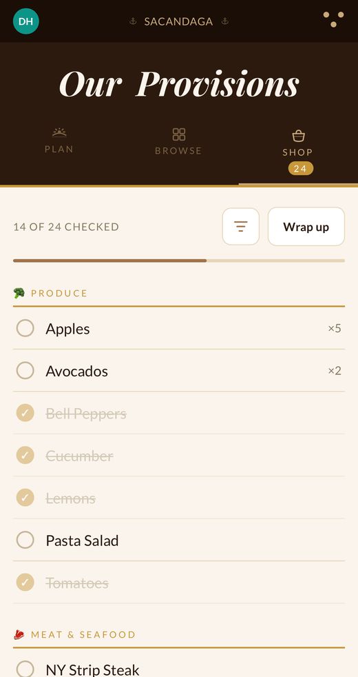 The Sacandaga shop list mid-shop, showing checked and unchecked items by category